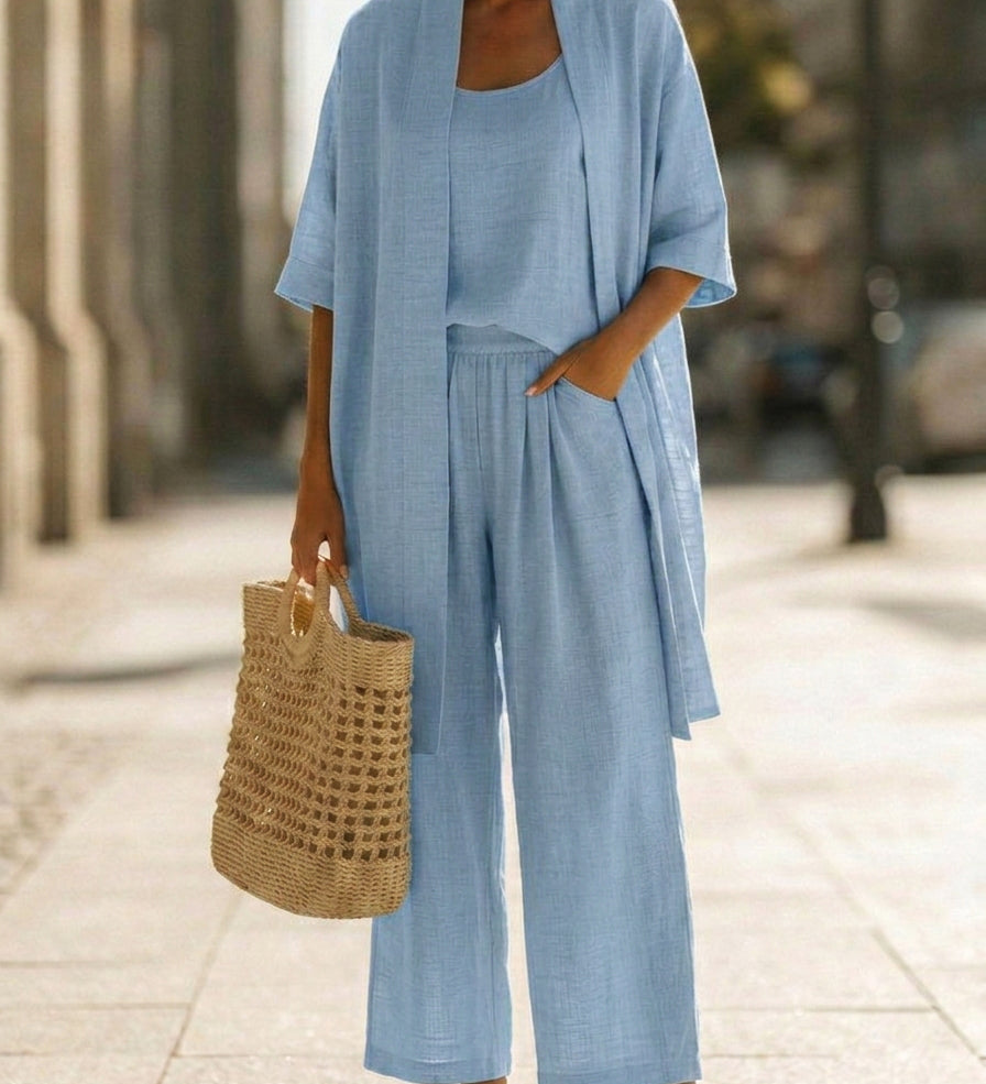 Minimalistický třídílný set z lnu a bavlny – pohodlný outfit na každý den
