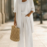 Minimalistický třídílný set z lnu a bavlny – pohodlný outfit na každý den