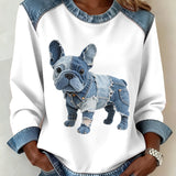Alma - Dámský svetr v denim patchwork stylu pro francouzského buldoka